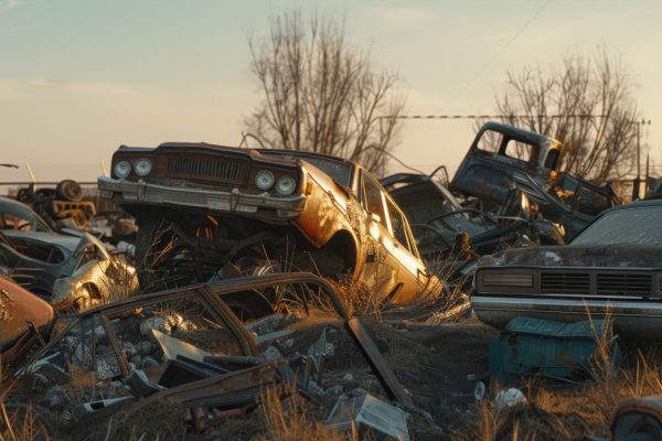 Abandoned cars pile in junkyard, a solemn testament to decay and obsolescence.