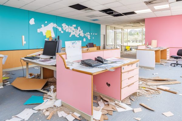 Demolished abandoned office interior with messy destroyed furniture, papers, and debris scattered around.