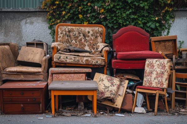 A pile of old furniture waiting to be donated.